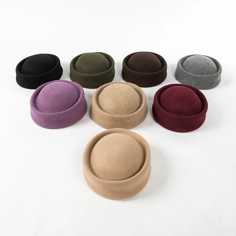New Women Wool Felt Berets Hat Vintage Hard Concave Top Fedoras Hats Wedding Fascinator Hats Wedding Cocktail Party Pillbox Cap