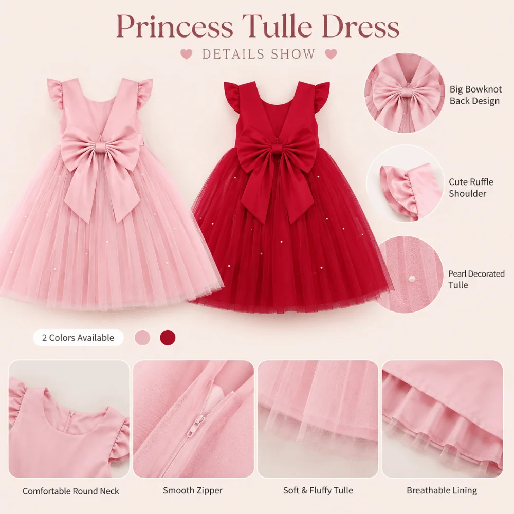 Fashion Red Pink Children's Bow Princess Dress‌ Tulle Big Bow Girls Puffy Dress Backless Piano Performance Costume Wedding Gown