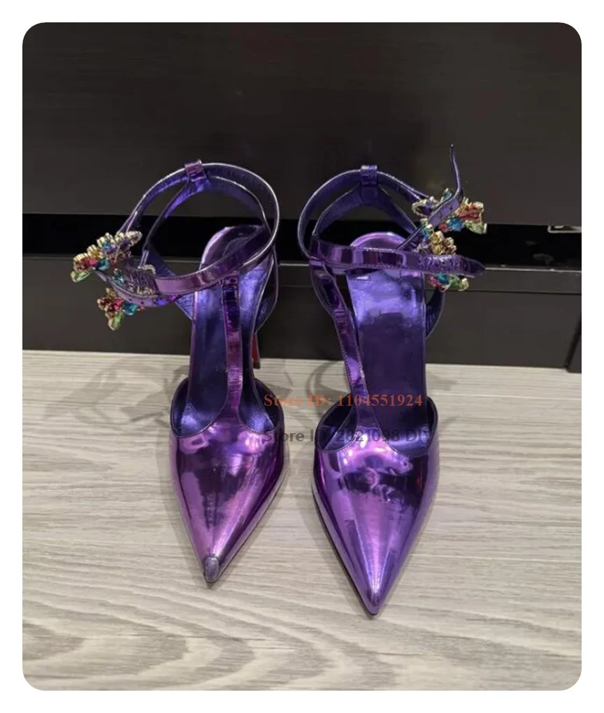 Mehrfarbige Kristall-Strasssteine, lila Lackleder, T-Riemen-Pumps für Damen, spitze Zehen, dünne Schuhe mit hohen Absätzen