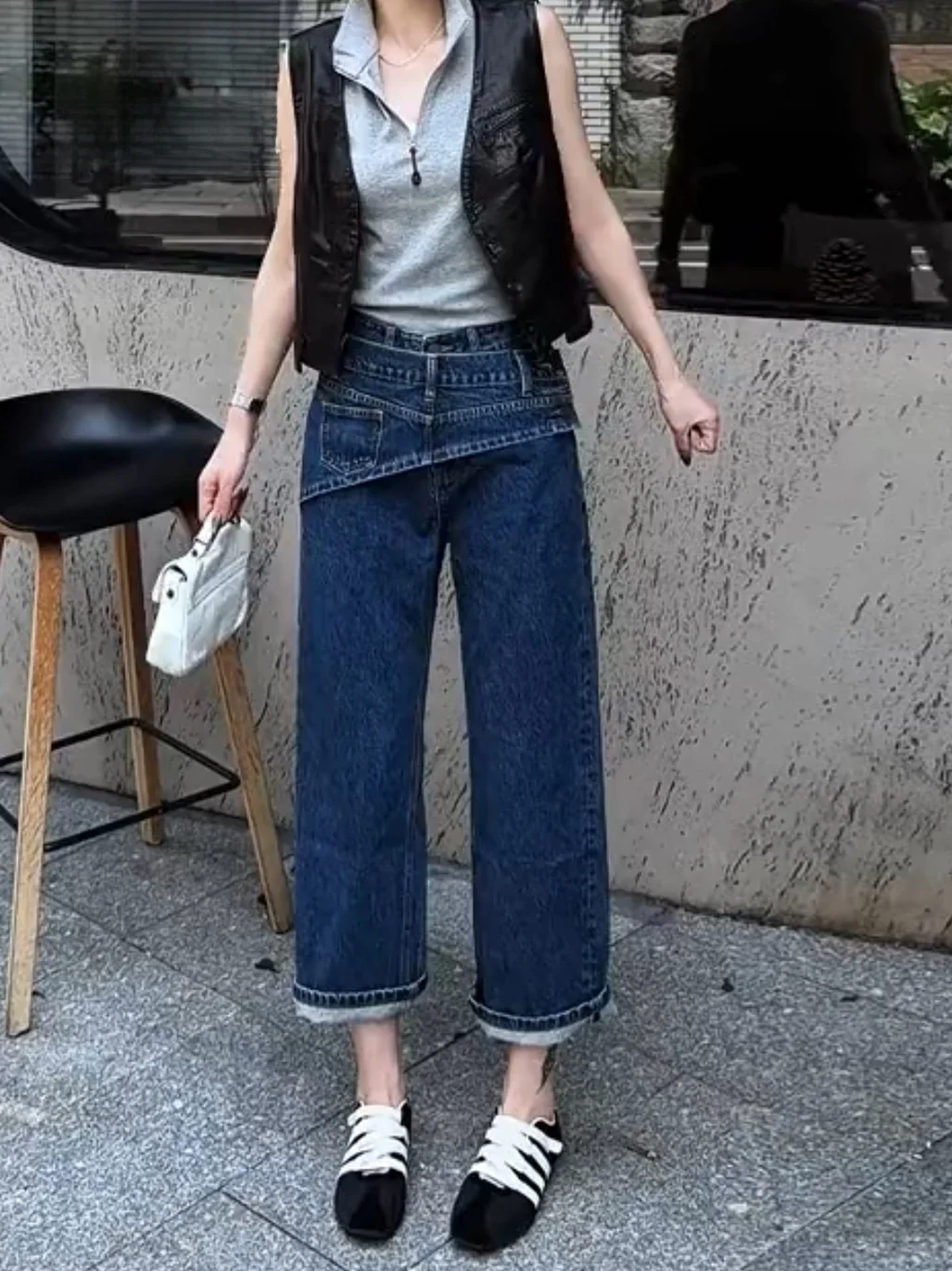 Retro Design Slimming Straight Leg Jeans Fashionable Nine Points High Waist Casual Style Blue Denim Fabric Polyester Fiber