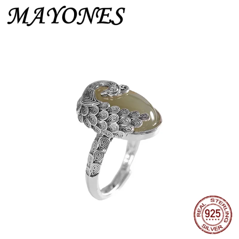 

S925 чистое серебро, инкрустированное натуральным Hetian Qingyu, темпераментное кольцо с павлином, женское ретро персонализированное креативное ювелирное изделие