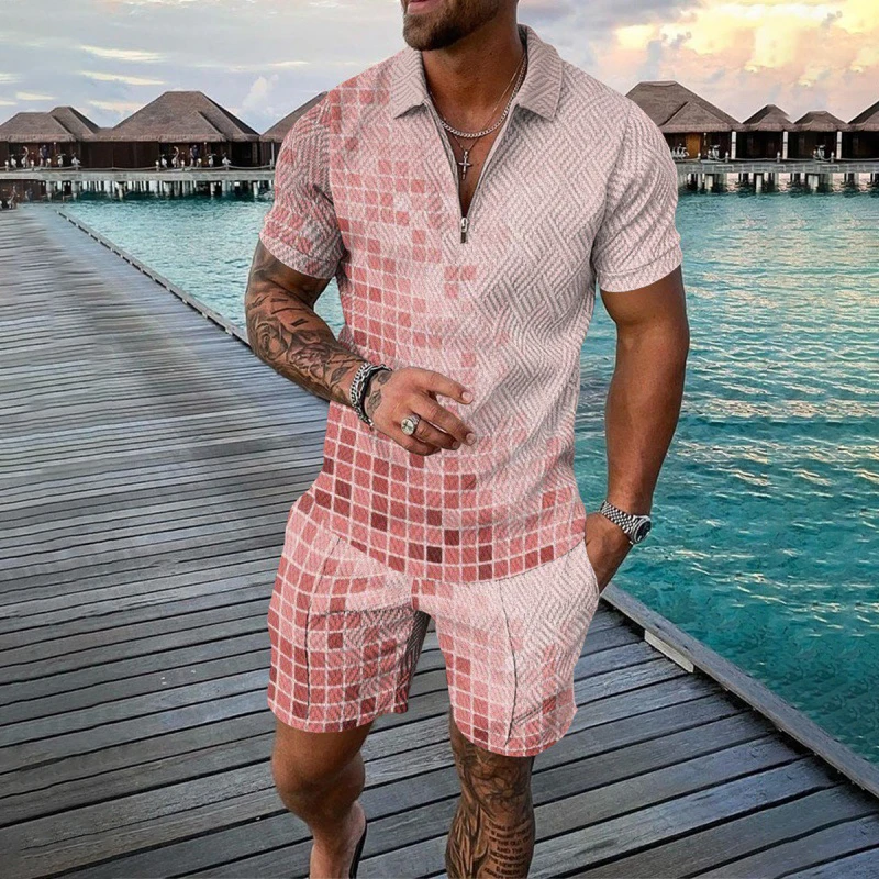 Summer 3D Digital Printed Men's 2 Piece Sets Polo Shirt Shorts Casual Short Sleeve Zipper Shirt Male Beach Trunks Men Outfit
