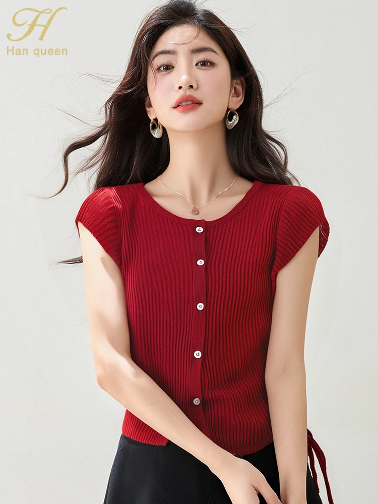 

H Han Queen 2025 Summer Tops Summer short sleeved Korean Simple Vintage Casual knit Cardigan Sweaters Fashion Women's Clothing
