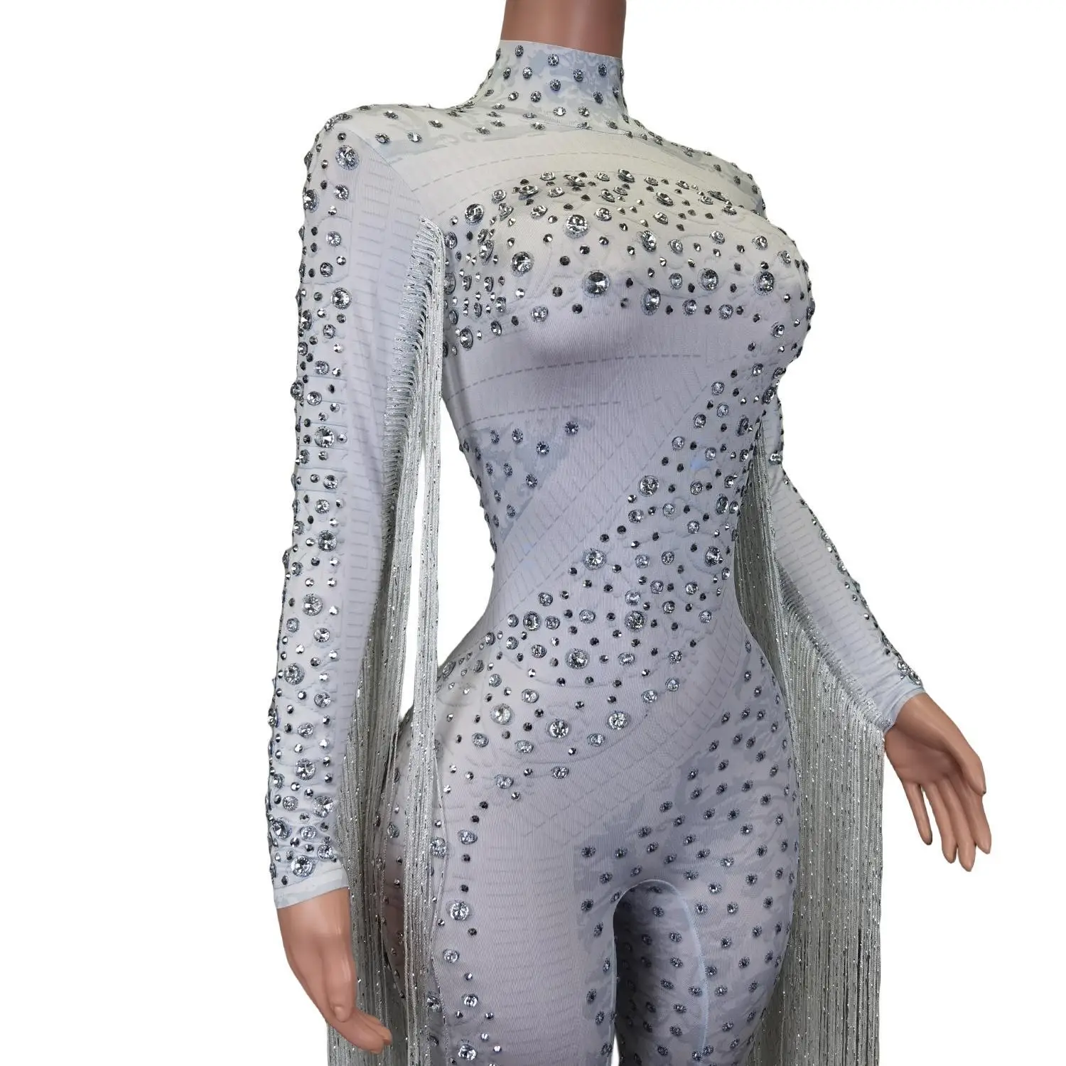 Imagem -04 - Bodysuit Strass Cintilante Feminino Manga Comprida Macacão Borla Trajes de Performance Macacão Lady One Preço Branco com Lantejoulas de Diamante