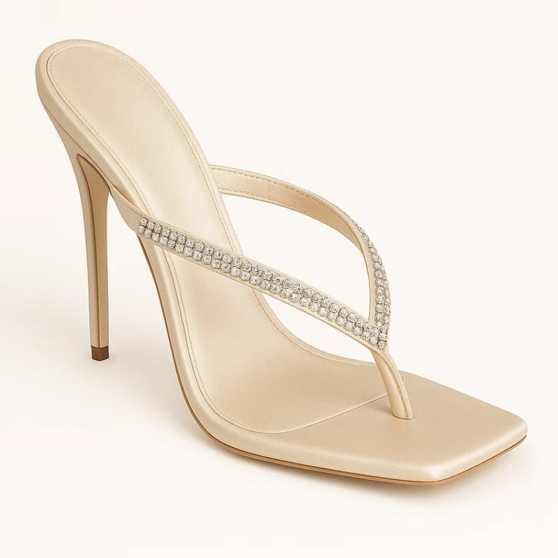 

Женские летние модные шлепанцы на высоком каблуке с открытым носком, сексуальные туфли для ходьбы в европейском и американском стиле с водными стразами, новинка 2026 года