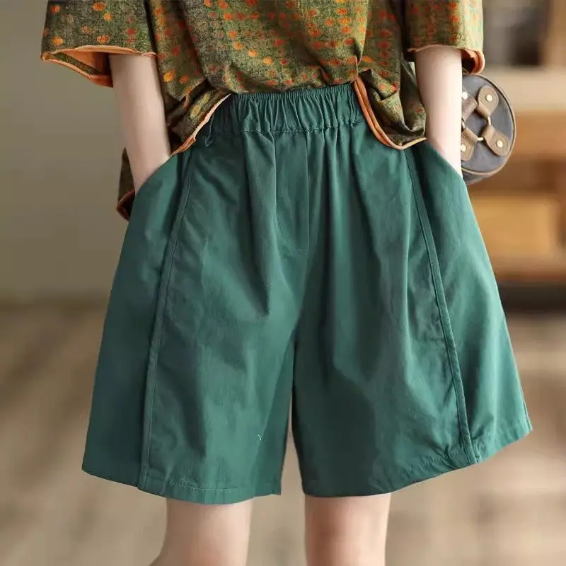 2025 여성 캐주얼 하이 웨이스트 루즈 코튼 린넨 반바지(포켓 포함) - 솔리드 컬러 통기성 자른 여름 반바지 G150