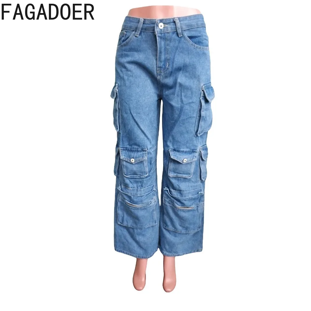 FAGADOER Vintage Blue Fashion Pocket Denim Cargo Pants Women High Waisted Button Straight Trousers Autumn Casual Jean Bottoms