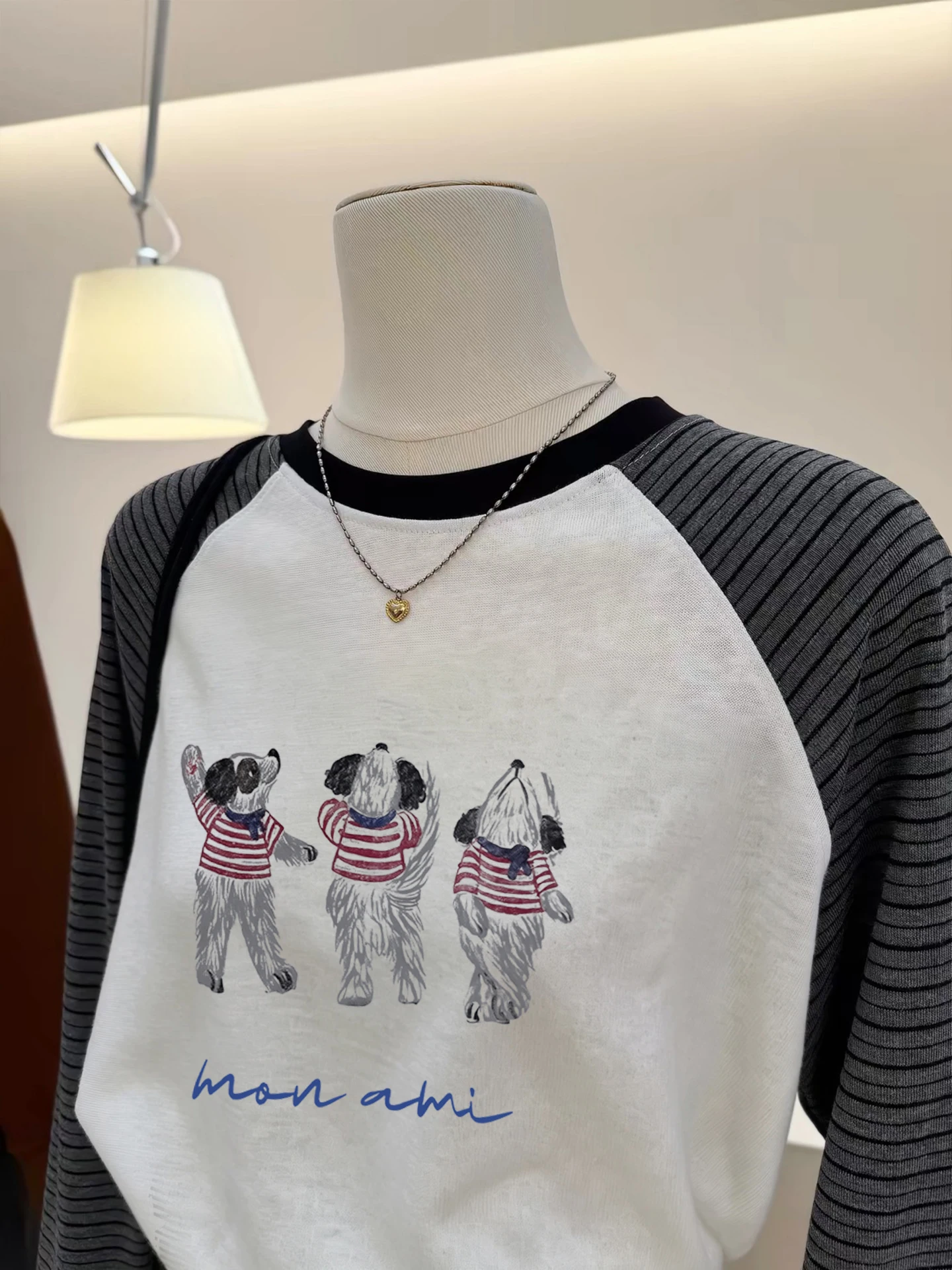 Retro American Shoulder Sleeve Splicing Anti-Aging Print Striped Long Sleeve T-Shirt Women Spring Autumn New Loose Base Shirt