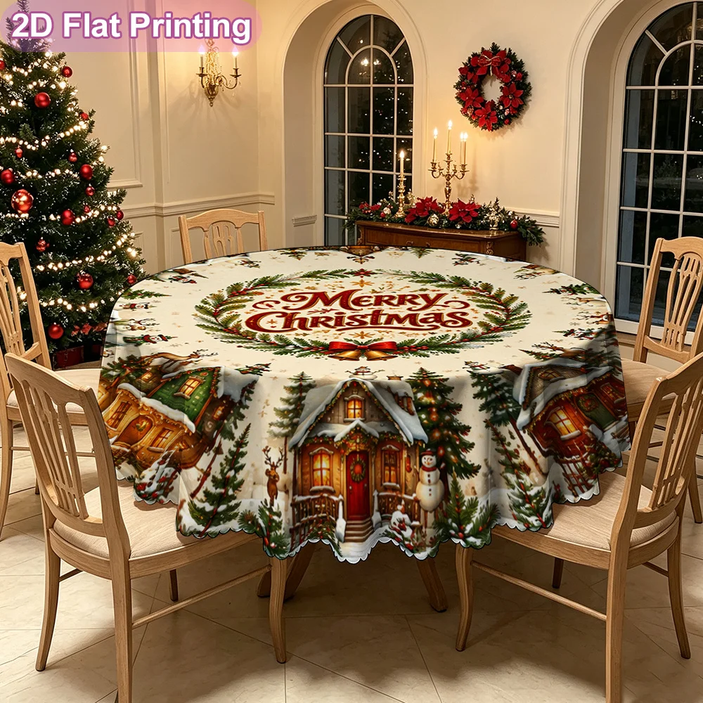 2D flat single-piece festive round tablecloth featuring a circular Christmas snow town design pattern
