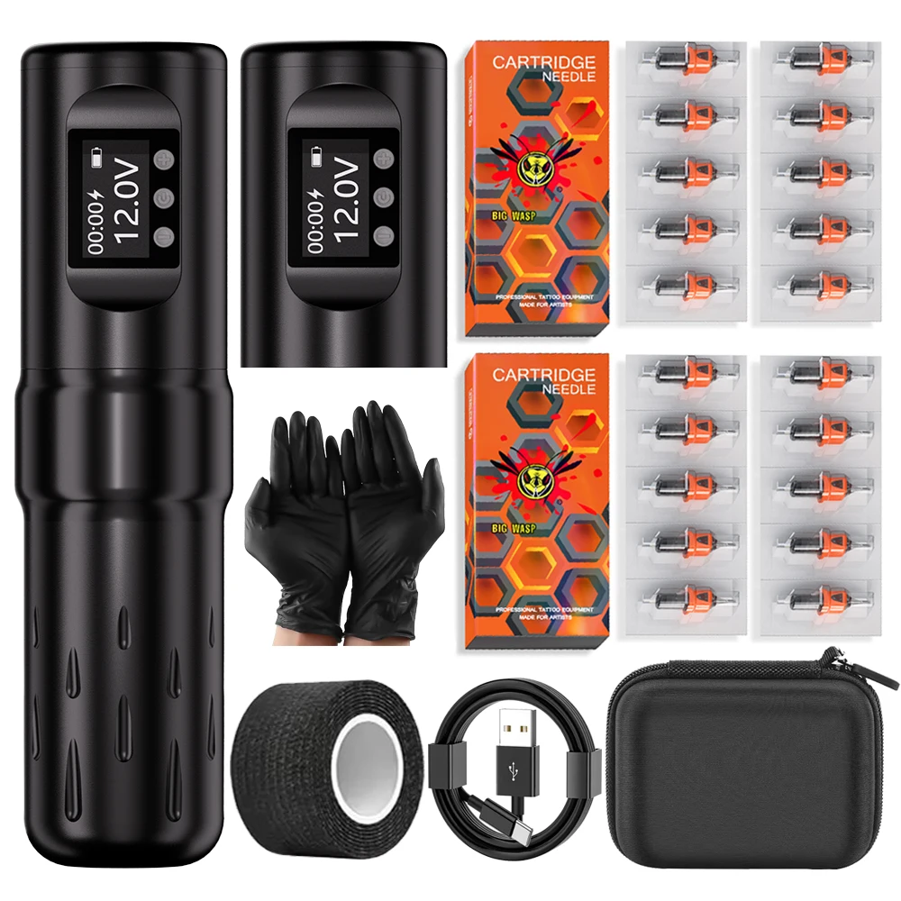 

BIGWASP 1800mAh Two Battery Tattoo Machine Kits Wireless Rotary Tattoo Pen Kits With 20pcs BIGWASP Silicone Cartridges Needles