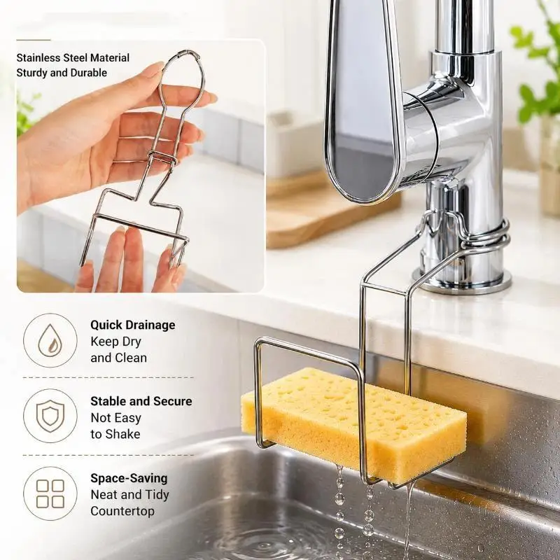 Stainless Steel No‑Drill Sink Sponge Holder With Adjustable Hooks Drying Rack For Kitchen Bathroom Cleaning Tool Storage Supplie
