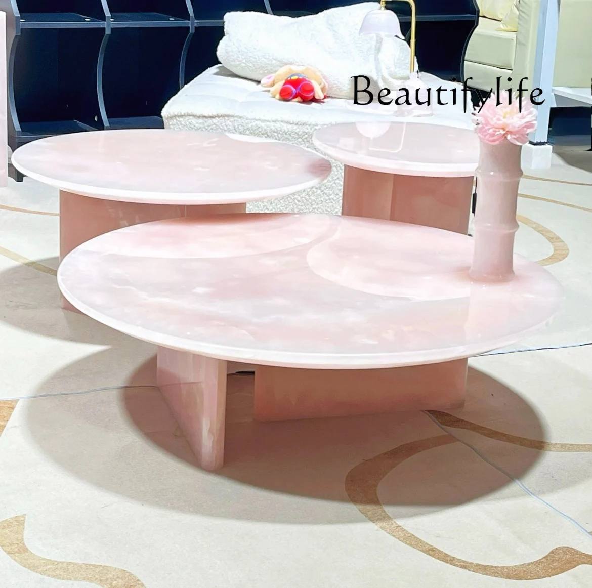 Natural powder jade coffee table, Italian light luxury living room home gentle and advanced art coffee table combination