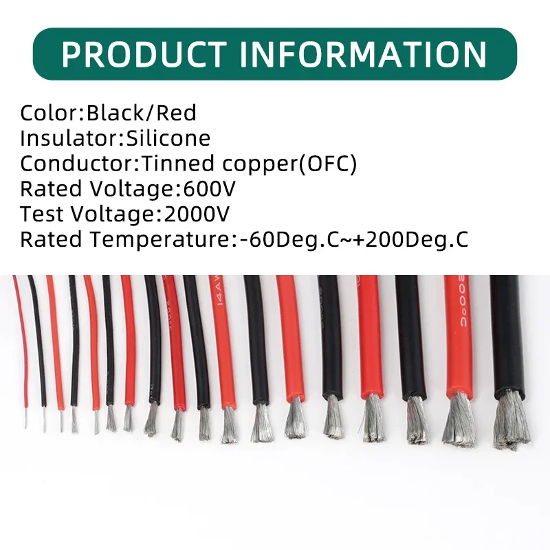 1/5/10m Flexible Silicone Wire 2 pin or Black Red 30 28 26 24 22 20 18 16 14 12 10 8AWG Automotive Led lamp Soft Electric Cables