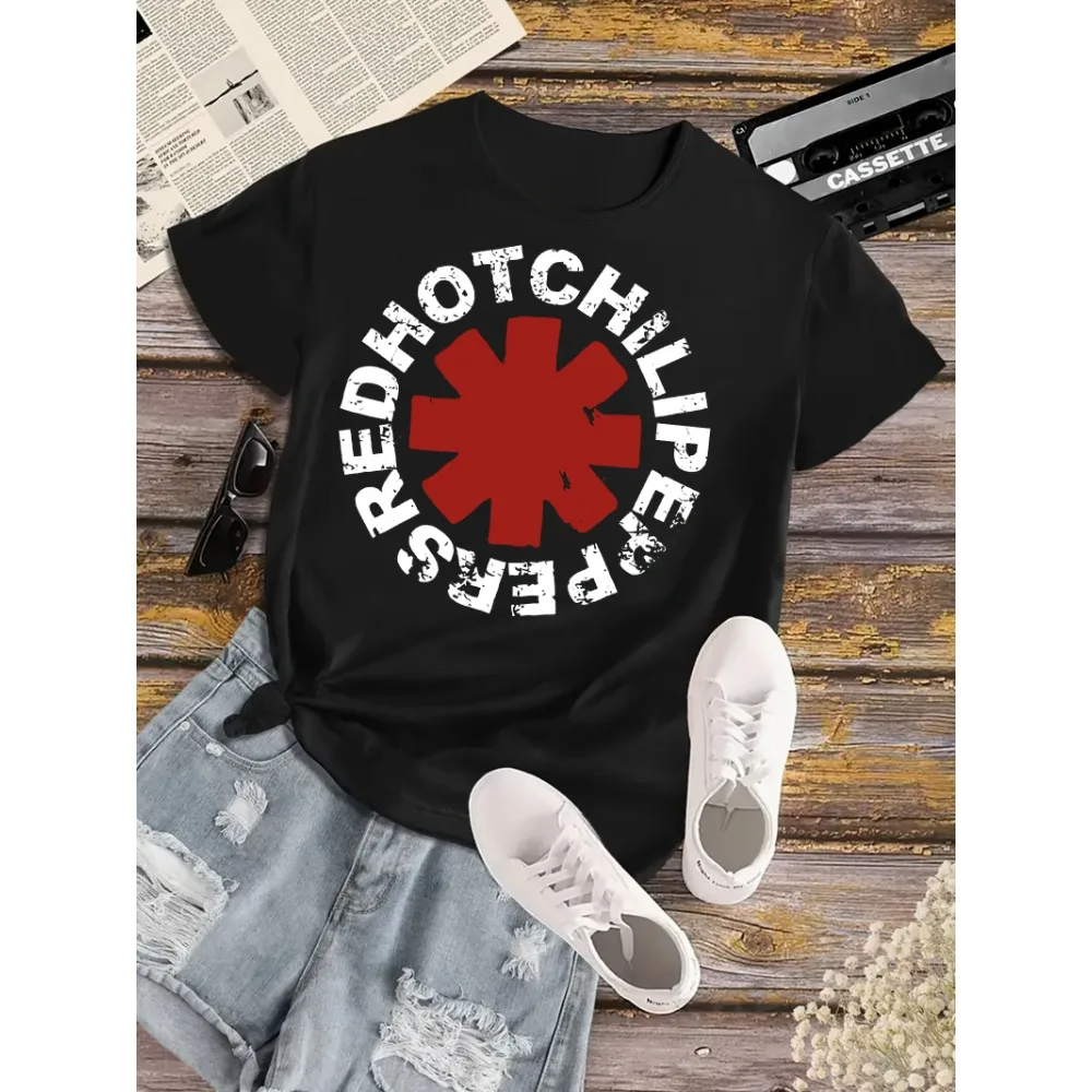 

Женская футболка с рисунком Red Hot Chilli Peppers, повседневная футболка с круглым вырезом, короткий рукав, вязаный топ из полиэстера с футболкой с геометрическим узором