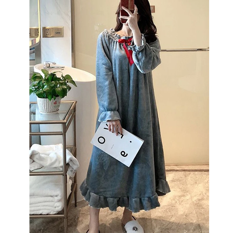 Fleece Women Nightgown Korean Ruffles Sleepwear Winter Night Dress Knee Length One Piece Pajamas Slash Neck Warm Home Wear New