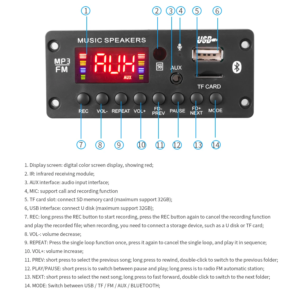 Car MP3 Lossless Music Audio Player Wireless Bluetooth MP3 Decoder Board FM Radio Module Support Folder Switching Call Recording