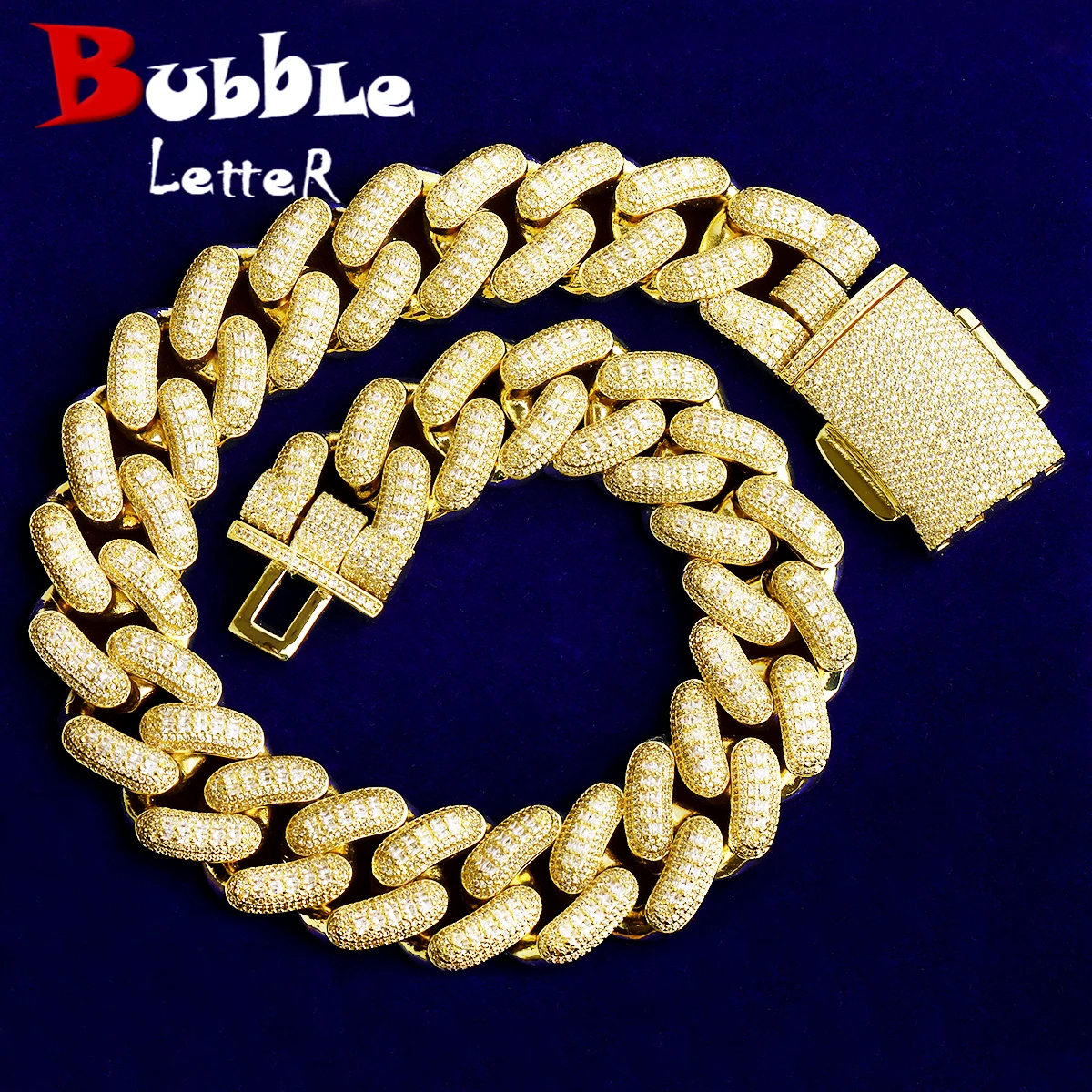 

Bubble Letter 32mm Iced Out Thick Heavy Miami Baguette Cuban Link Chain for Men 5A Cubic Zirconia Gold Plated Hip Hop Jewelry