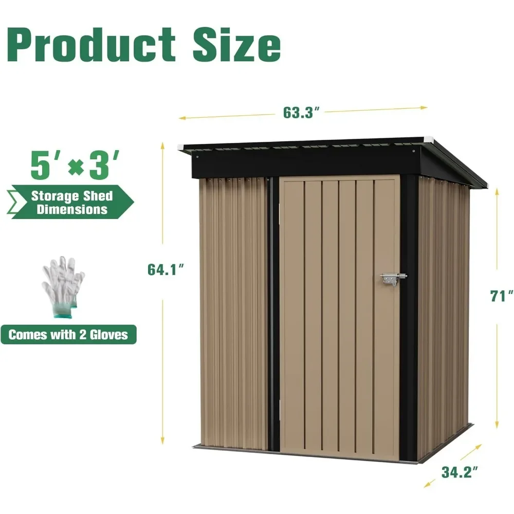 Storage Shed Waterproof Metal Garden Shed with Lockable Door Utility Tool Shed Outdoor Storage for Backyard(5 x 3 FT)Brown