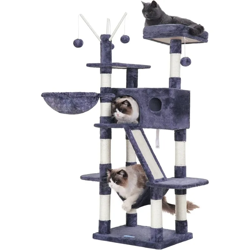 

Hey-brother Cat Tree, 61 inch Cat Tower for Indoor Cats, Cat House with Padded Platform Bed, Toy Balls, Large Cozy Condo, Hammoc