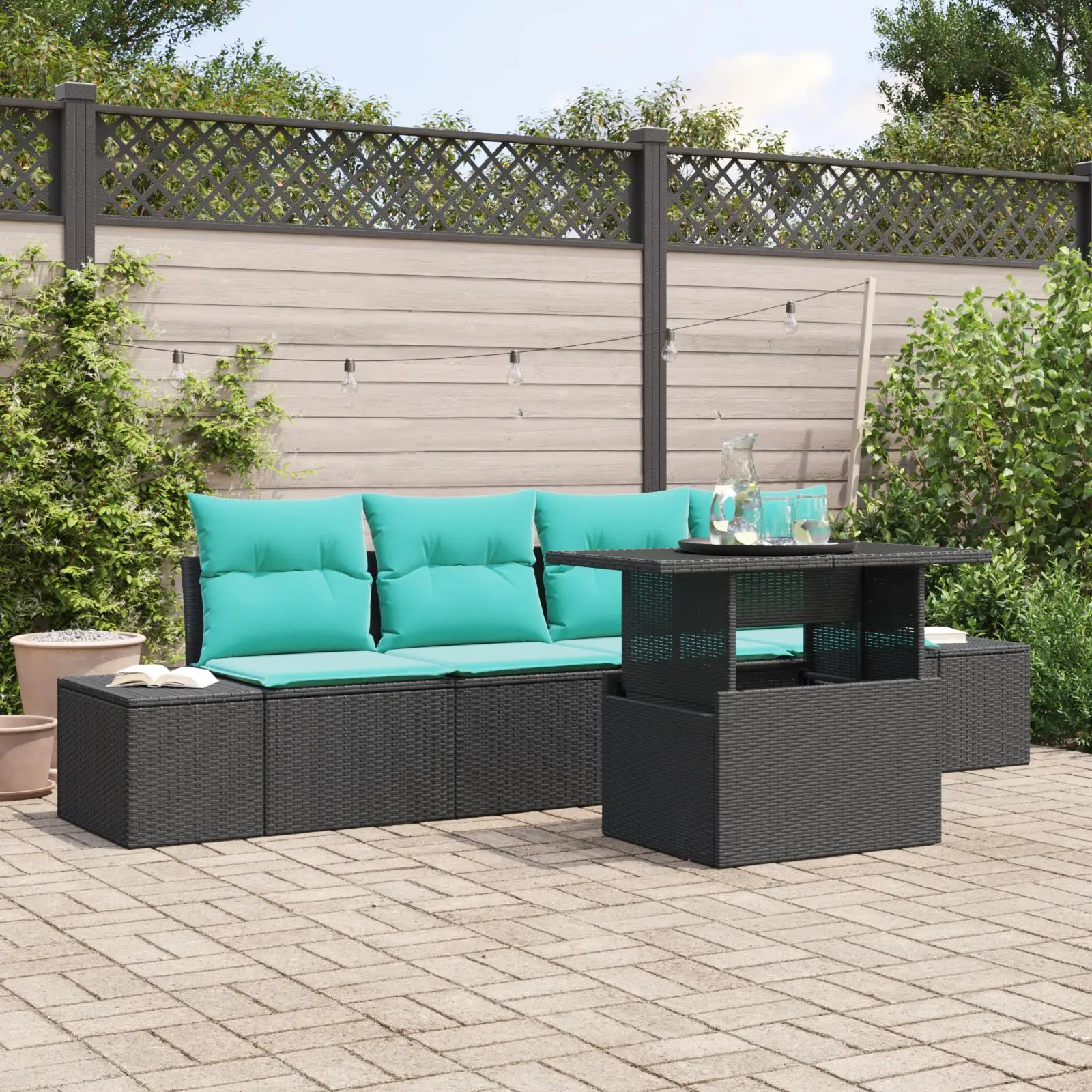 

5 Piece Outdoor Sofa Set with Cushions Black Rattan Furniture Garden Lounge