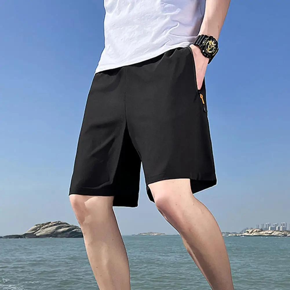 Men Running Shorts Retro Thin Men's Sport Shorts with Zipper Pockets Elastic Waist Above Knee Length for Casual Daily Wear