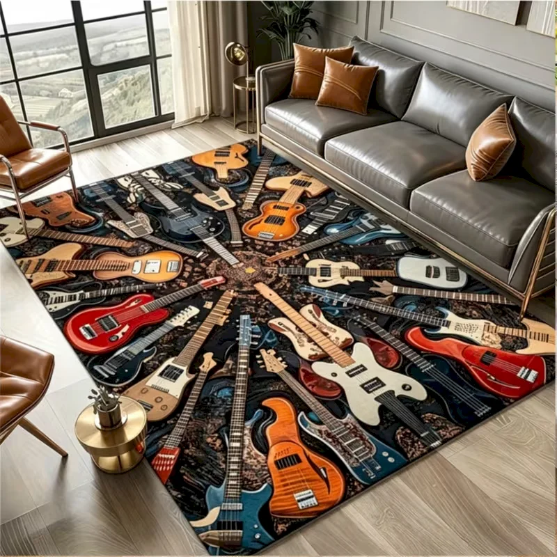 VIKAMA Vintage Guitar Music Area Rug Multi Electric Guitar Carpet Non‑Slip Large Floor Mat Rock Style Home Decor for Living Room