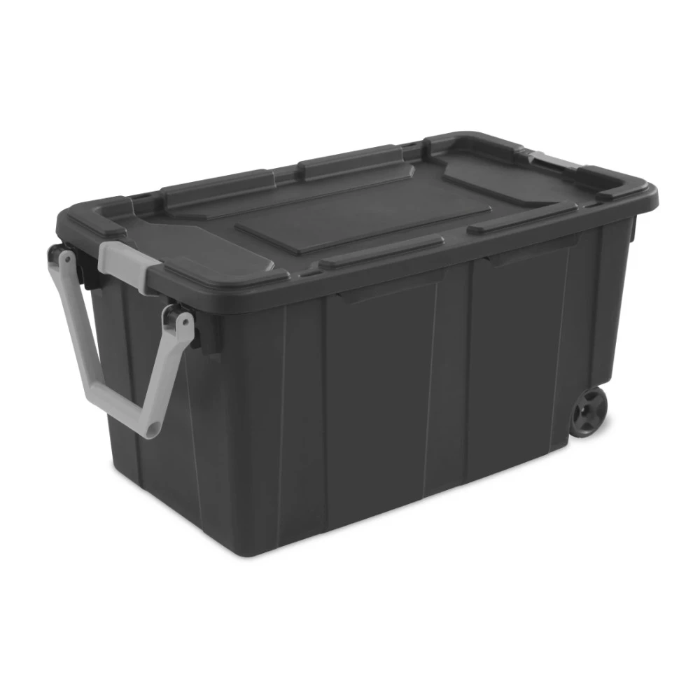 40 Gallon Industrial Tote Plastic Adult Carrying Case with Wheels, Light Grey, Drip-Proof Lid, Sturdy and Durable, Stackable