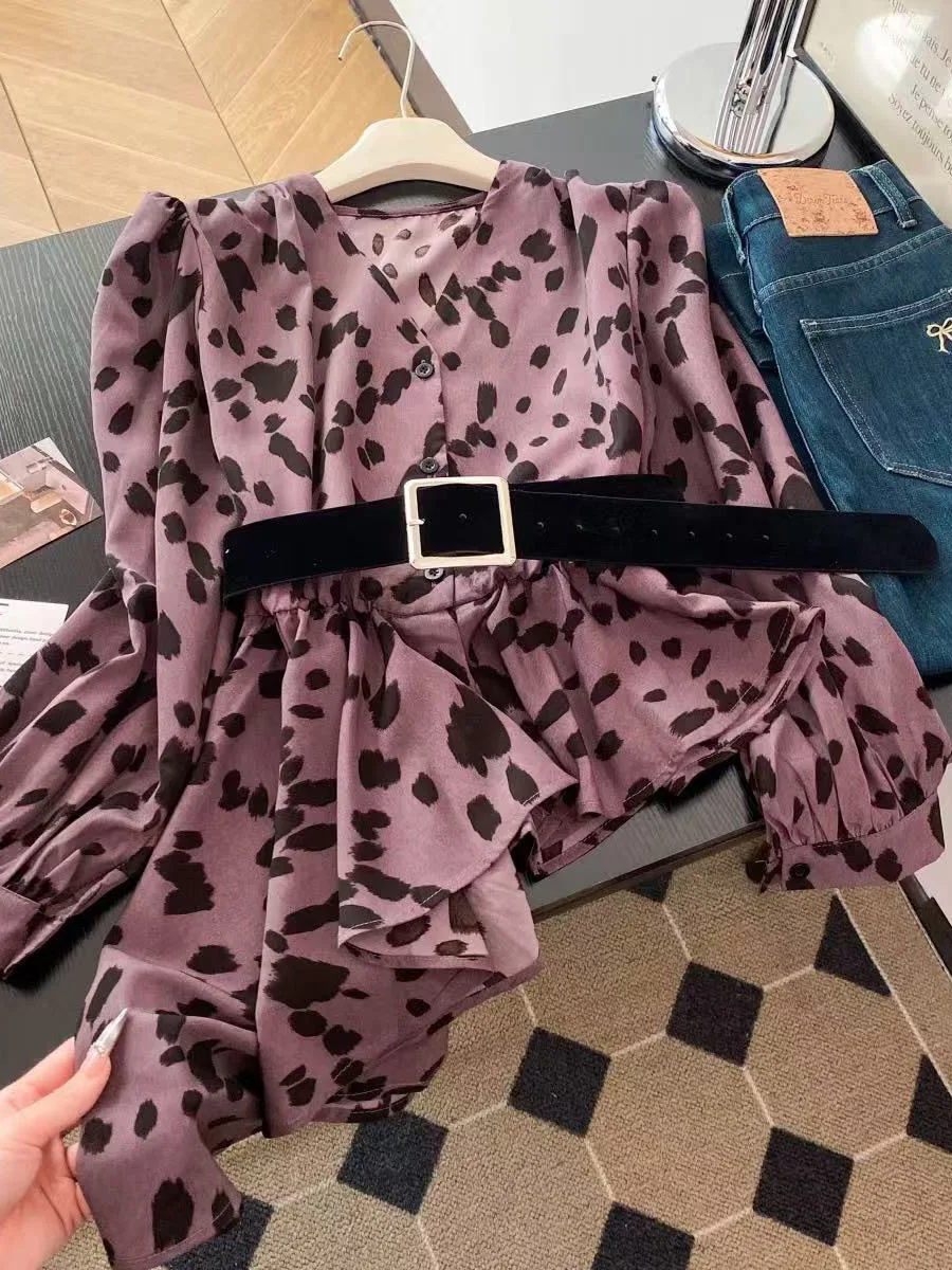 

Женская модная рубашка с эффектом похудения, длинным рукавом, V-образным вырезом, леопардовым принтом, в повседневном французском стиле, свободного кроя, стандартной длины