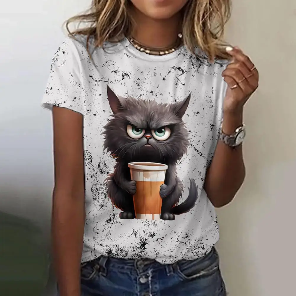 

Cute Cat Printing Women's T-Shirts Fashion Top Casual Short Pullover Sleeved Teacup Pattern O-Neck Tee Shirt Female New Clothing