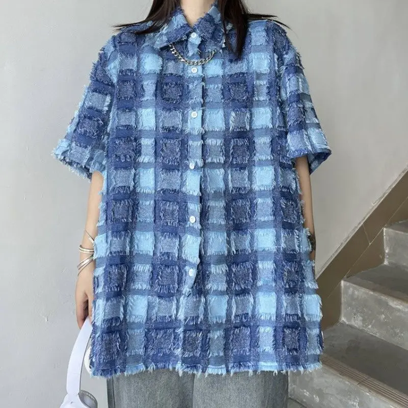 Summer Solid Color Short Sleeve Shirts Ladies Fashion Tops Streetwear Blue Plaid Women's Clothing Young Style Straight Blouses