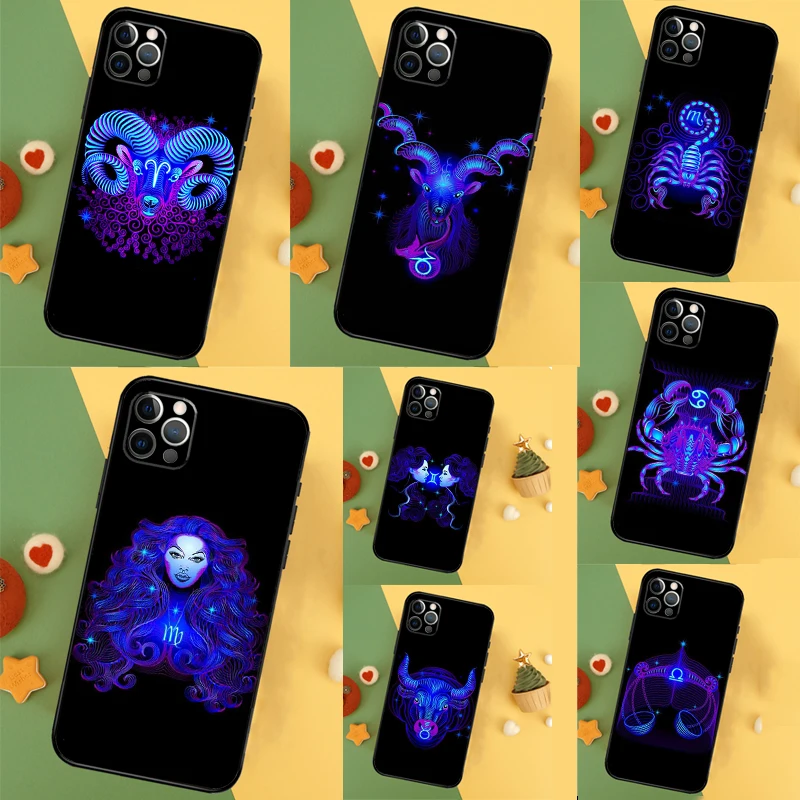 Neon Zodiac Signs Funda For iPhone 11 12 13 14 16 15 Pro Max Mini XS Max X XR SE2 7 8 14 16 15 Plus Phone Case