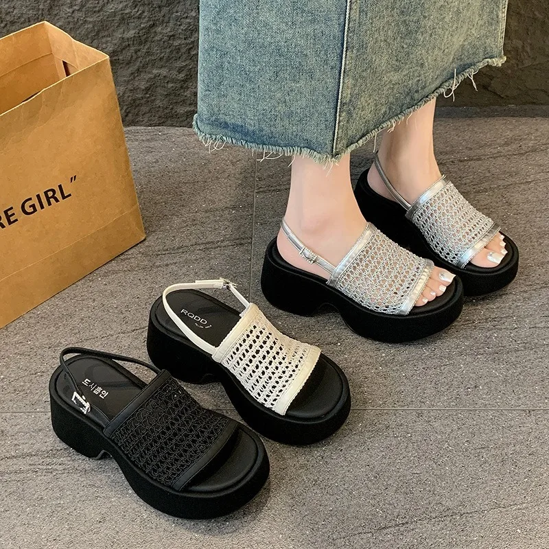 

Женские сандалии, новинка 2023 года, летняя дышащая нескользящая пляжная обувь на платформе, сандалии на танкетке с круглым носком и открытым носком, Sandalias De Mujer