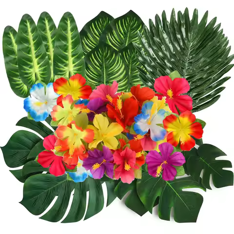 Artificial Tropical Palm Leaves Hibiscus Flower for Beach Table Decor Hawaiian Luau Wedding Jungle Safari Birth Party Decoration