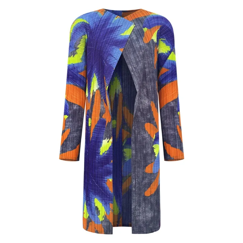 

Miyake Pleated Women's Color Clashing Printed Cardigan Trench Coat Autumn New Temperament Casual Medium-length Jacket Commuter
