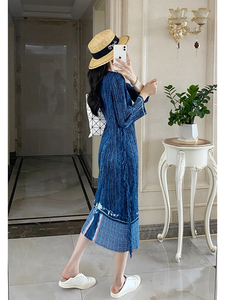 SMVP 여성 우아한 드레스 2025 봄 가을 새로운 Pleated 데님 컬러 라운드 넥 긴 소매 느슨한 대형 디자인 드레스