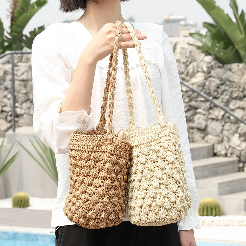 Korean Version Drawstring Woven Shoulder Handbag Leisure Vacation Seaside Beach Bag Summer Net Red Straw Bucket Bag Women