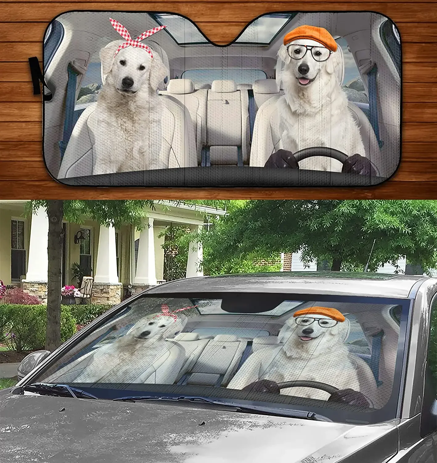 Kuvaszs Driving Dog Couple Summer Car Sunshade Kuvasz Couple Driving Auto SunshadeCar Windshield Durable Visor