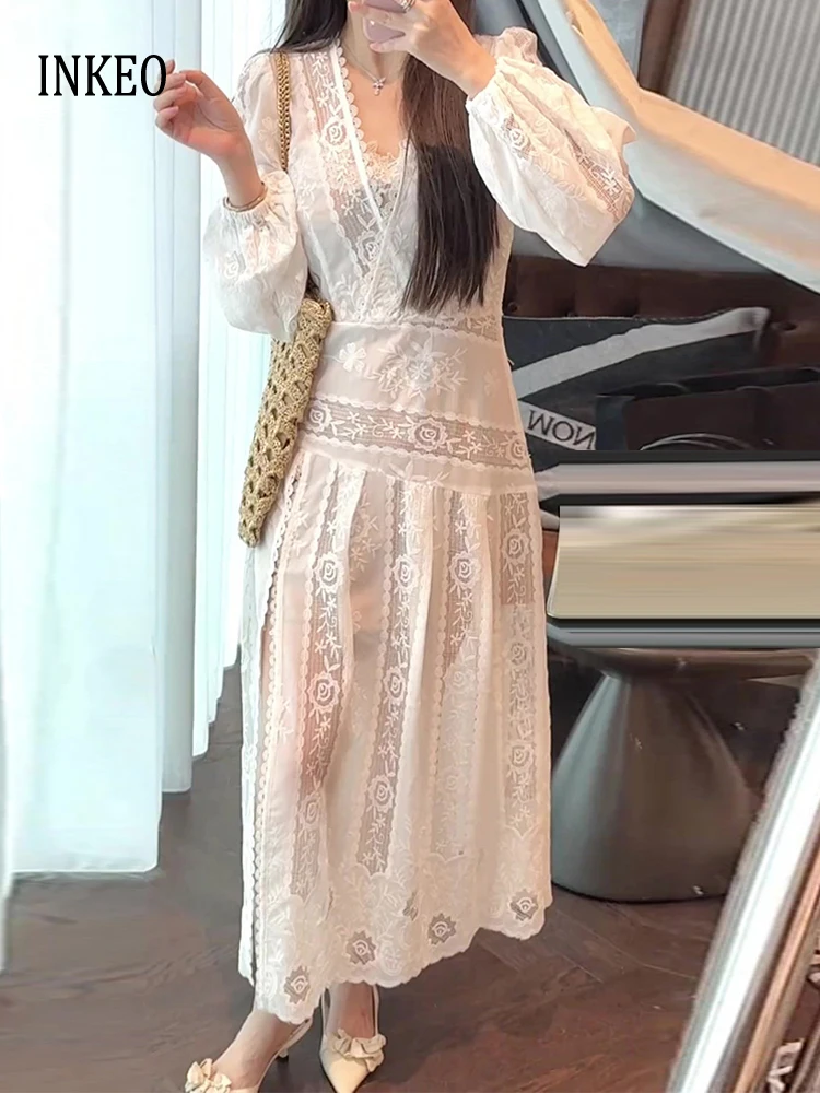 

Sexy Luxury Lace embroidery dress for women 2025 Summer Fashion Patchwork Long sleeve Maxi dresses 2 Piece set White INKEO 5D102
