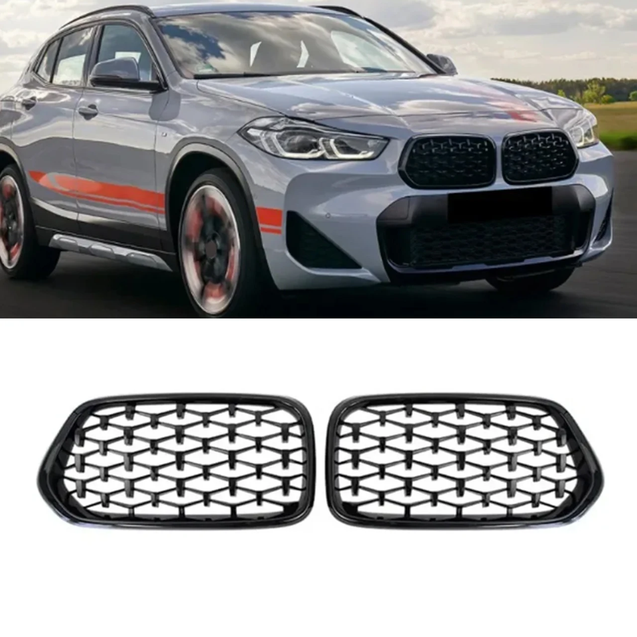 

Car Front Kidney Bumper Grille For BMW F39 X2 Series 4-Door 18i 18d 20i 20d 25d 25e M35i 2019-2024 ABS Replacement Grills