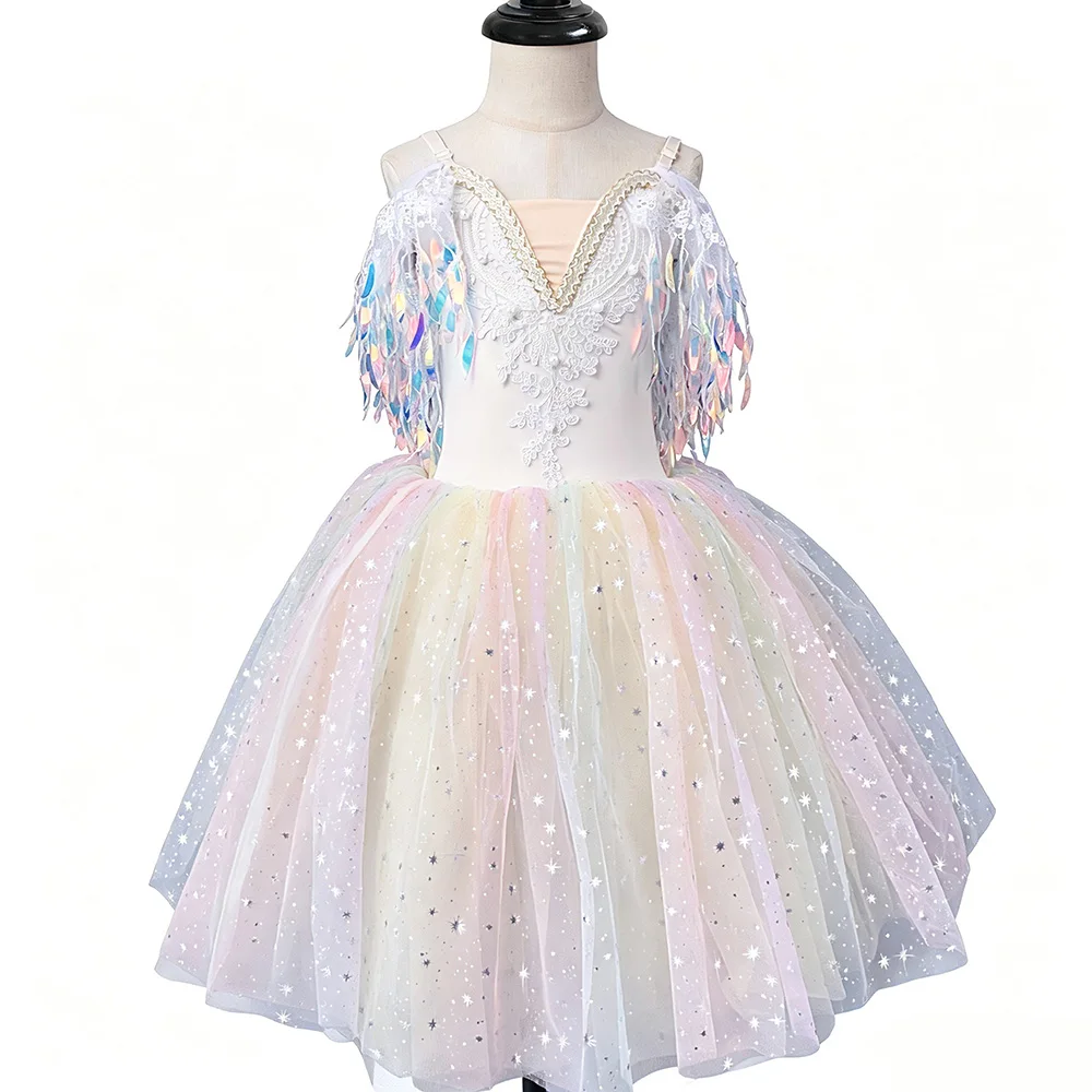 子供用ロマンチックバレエチュチュドレス、ロングチュールスカート、女の子用バレリーナコスチューム、パフォーマンスパーティー用