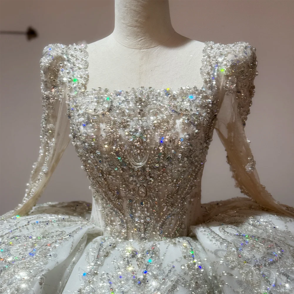 Vestido Boda Civil Dress Square Collar Long Sleeve Lace Up Back Customized Wedding Dresses