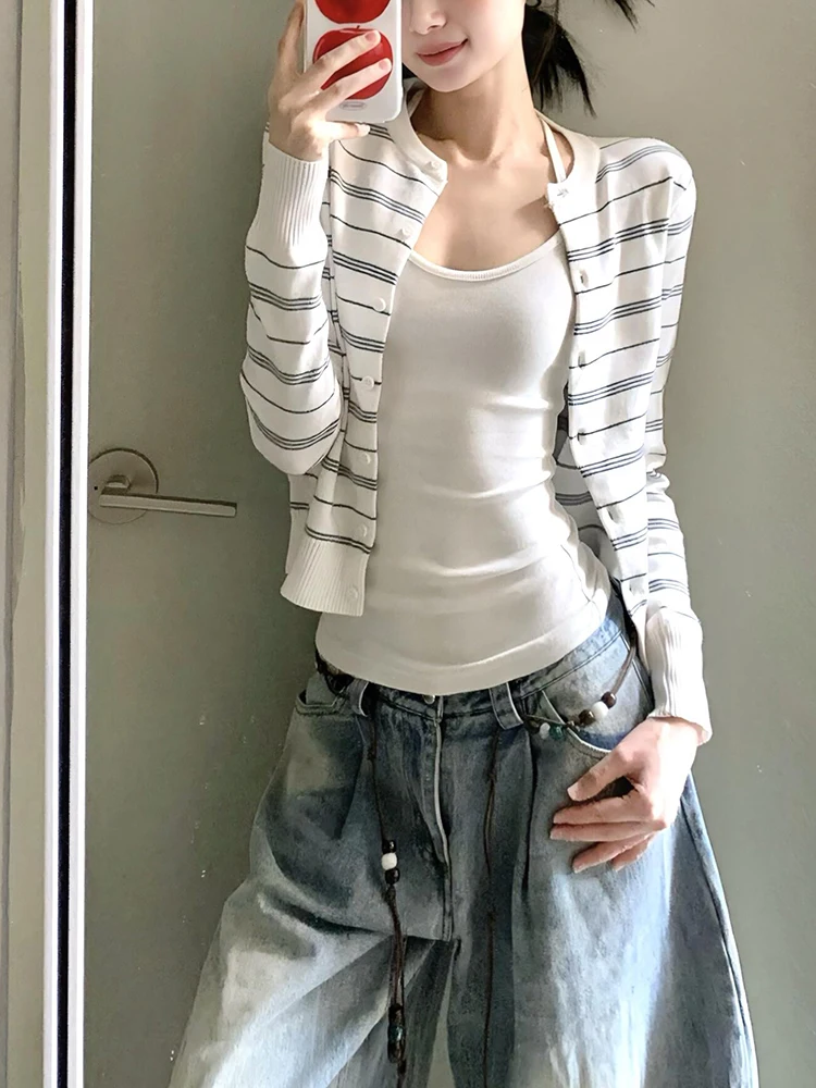 Trendy Striped Knitted Cardigan Coat Women's Short Style Inner Wear Autumn Winter Fashion Small Size Friendly Commute Style