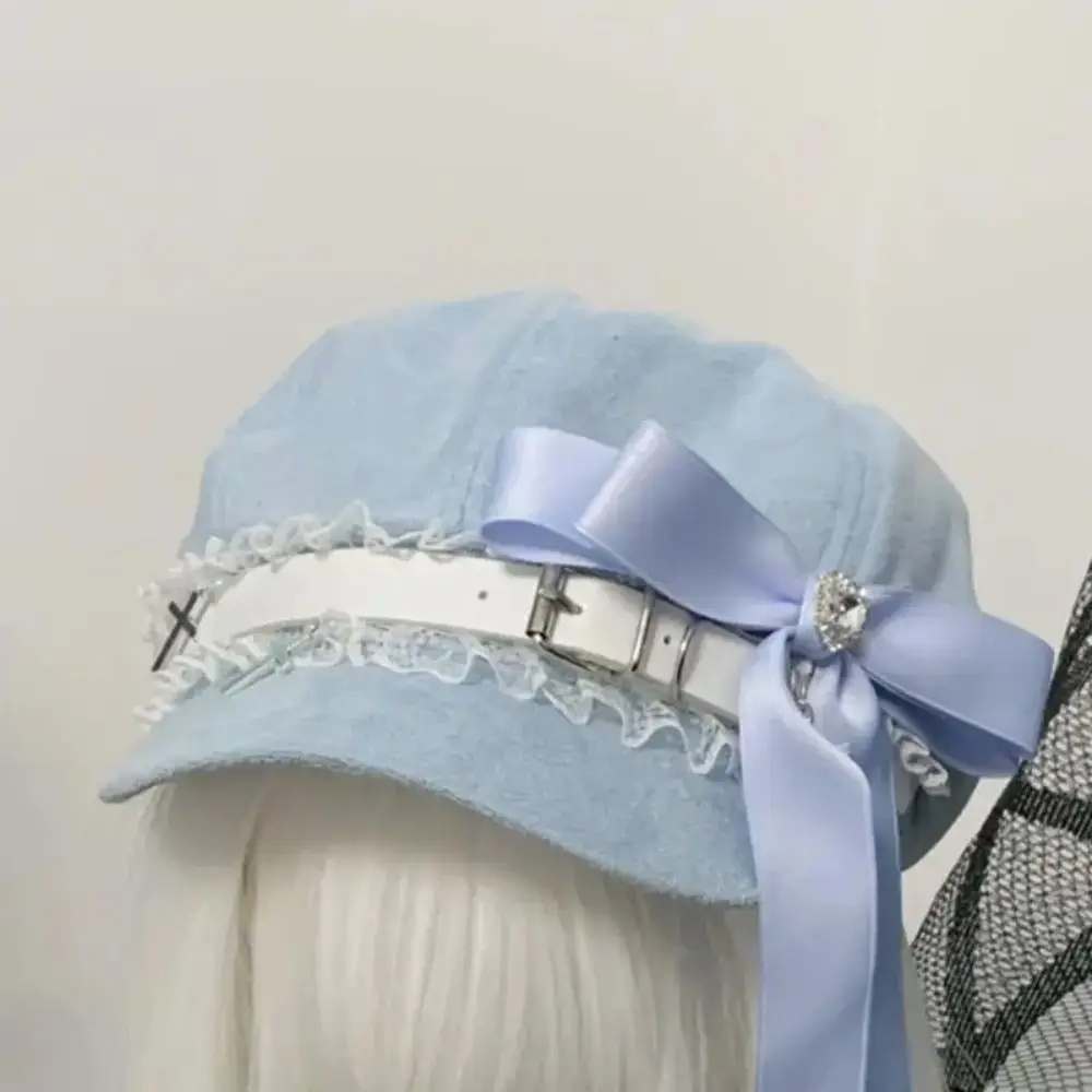 Harajuku الحلو كول نمط مثمنة قبعة Bowknot الدانتيل غرزة المرأة Y2k القبعات Kawaii أسود أزرق الرسام قبعة قبعات البيسبول