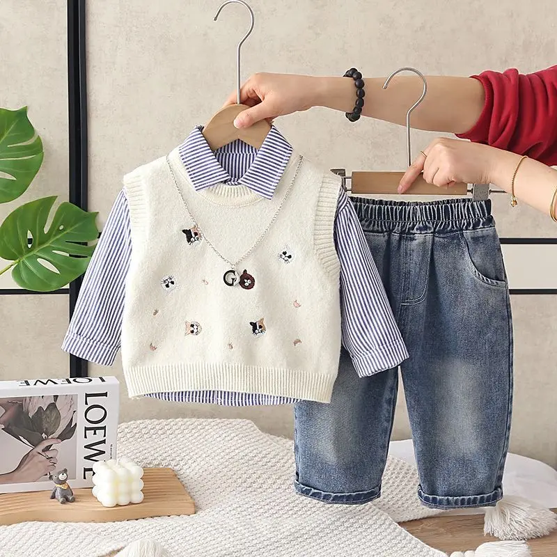 Boys' Spring and Autumn Set Fashion New Style Children's Korean Edition College Shirt Vest Pants 3-Piece Set