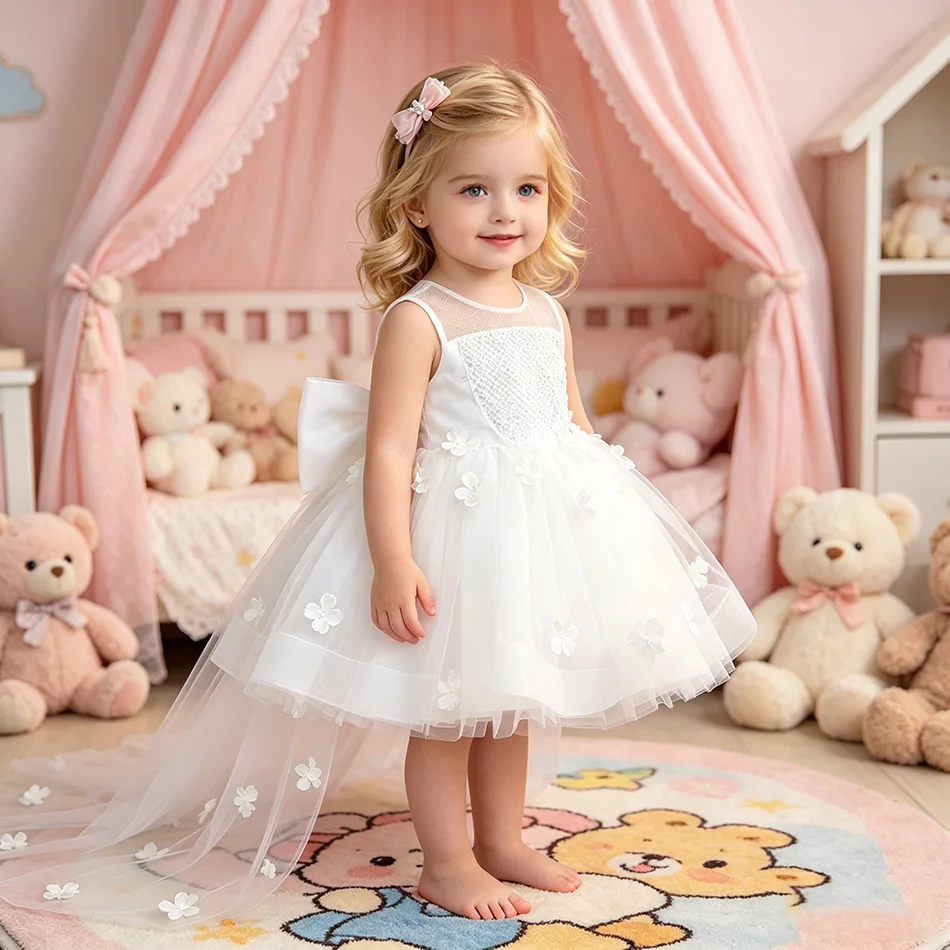 White Strapless Sequin Flower Girl Dress Long Train Tulle Tutu Princess Gown Kids Wedding Baptism Birthday Formal Dress ASQ03