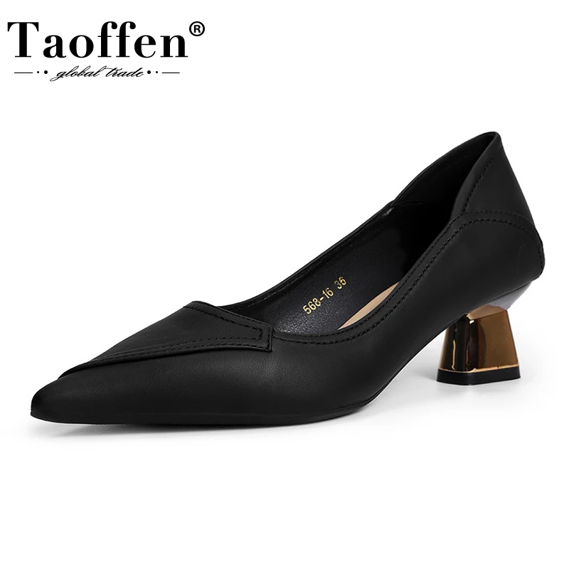 

Taoffen Pointed Toe Pumps For Women Metal Mid Heels Shallow Sewing Fashion Slip On Office Ladies Shoes Casual Leather Designer