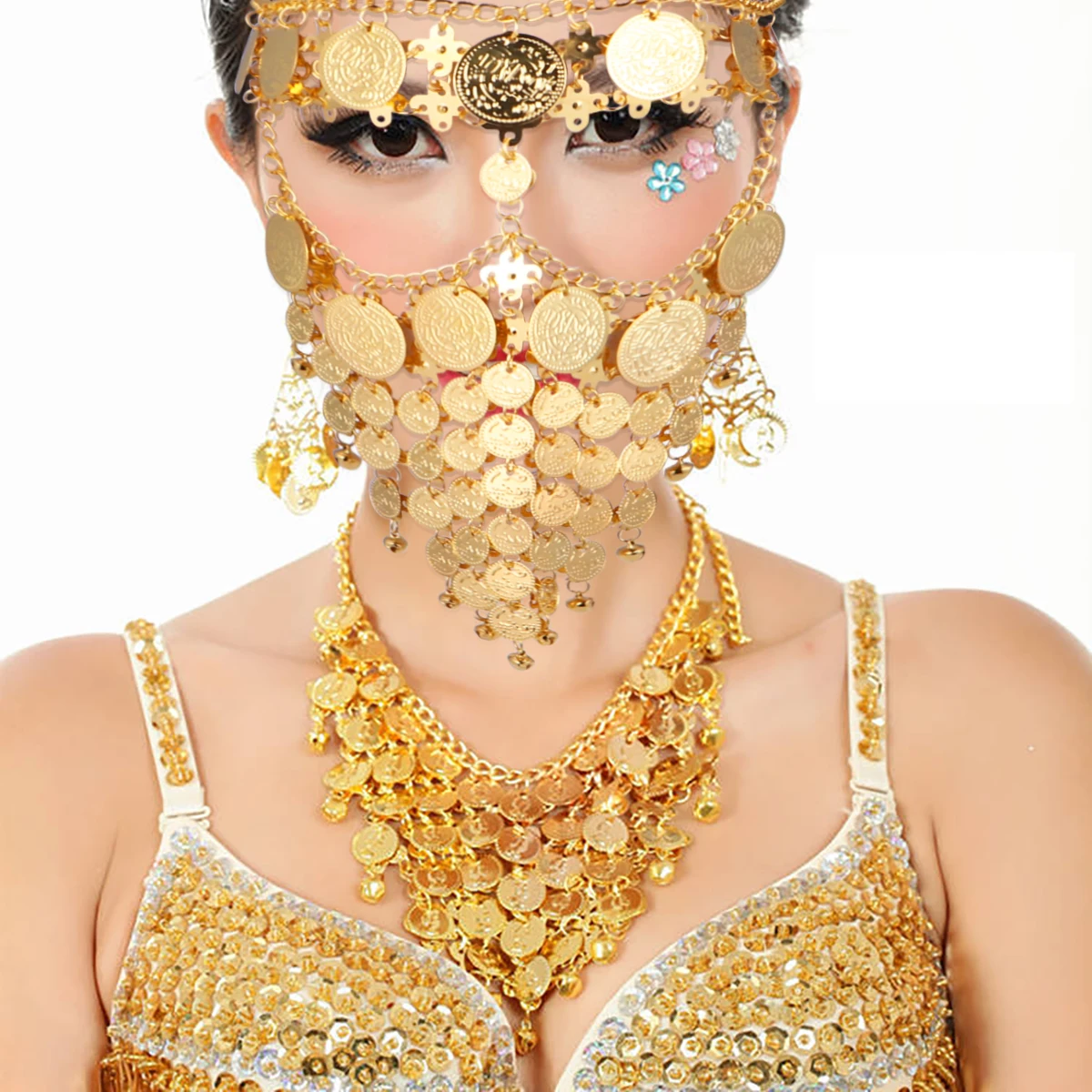 

Gold Metallic Veil Masquerade Mask Chain Face Accessories Sequins Bells Party Performance Costumes Half Headwear