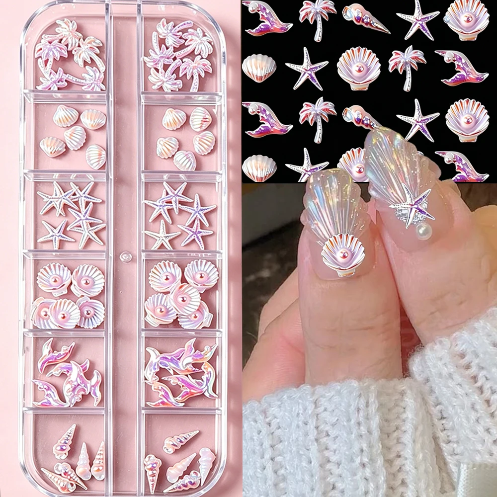 

12 Grids Aurora Dream Ocean Theme Nail Art Accessories Starfish Seashells Coconut Tree Flatback Rhinestones DIY Nail Decorations