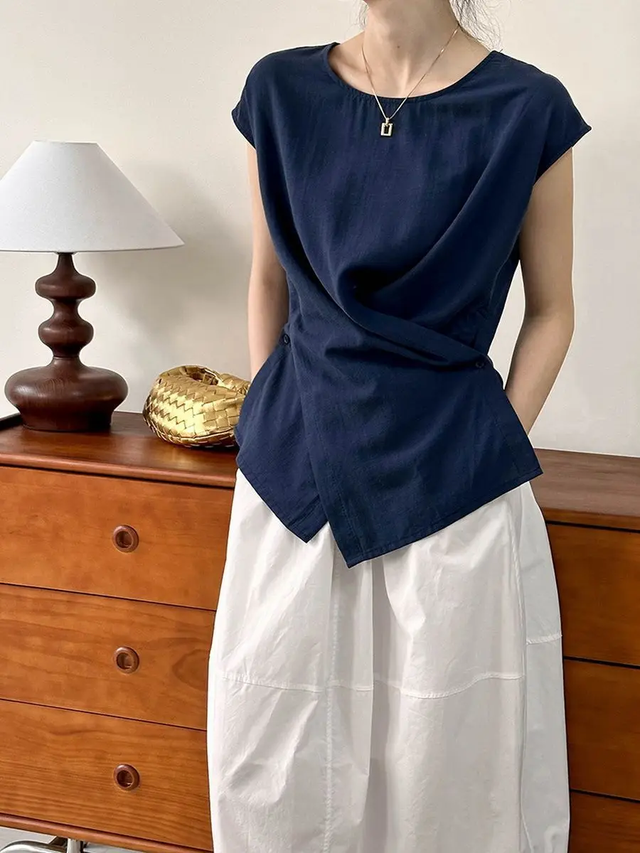 

Navy Linen Blouse Retro Asymmetric Cross Linen Top Short Flutter Sleeve Cotton Linen Shirt Irregular Wrap Vest Summer Blouse