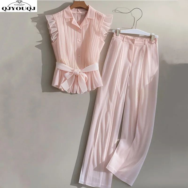 

Summer women's clothing European fashion high-end age reducing pink chiffon shirt+wide leg pants set for women